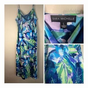 Sara Michelle Watercolor Floral Satin Slip Dress Cowl Neck Blue Green Midi L